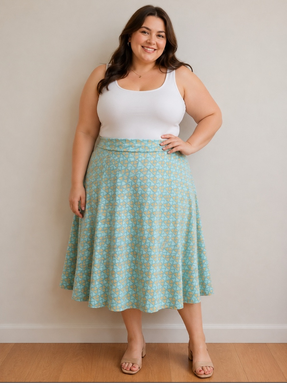 LuLaRoe Pastel Aqua Geometric MIDI Skirt Size-2X-Large Retro Feminine